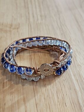 Victoria Emerson Crystal Beaded Leather Wrap Bracelet – Blue & Clear